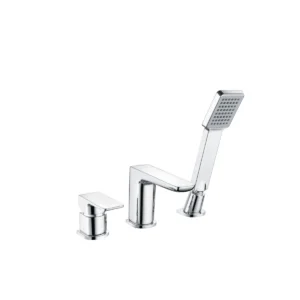 Scudo Muro polished chrome 3 hole bath mixer tap with bath shower mixer tap, two lever handles, polished chrome finish and brass construction.