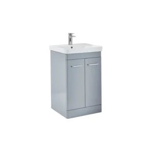 Scudo Rossini 600mm pebble grey MDF 2 door floor vanity unit with two handles, chrome handles, pebble grey finish and MFC and painted MDF construction.