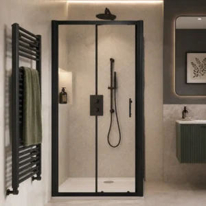 Scudo S6 1000mm black frame 6mm sliding shower door with single sliding door, 6mm clear glass, black finish and aluminium construction.