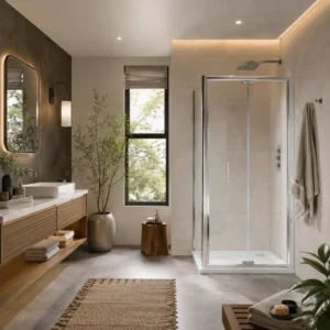 Scudo S6 1000mm semi frameless chrome bi-fold shower door with single bi-fold door, 6mm clear glass, chrome and clear finish and aluminium construction.