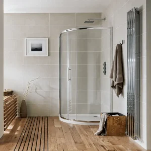 Scudo S6 1200 x 900mm single door offset quadrant enclosure with offset quadrant shower enclosure, clear glass with chrome profile finish, single door and Fixed 5mm, moving 6mm clear glass.