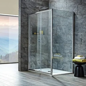 Scudo S6 1200mm chrome soft-close sliding shower door with Fixed panel 5mm, moving panel 6mm clear glass, single sliding door, chrome finish and aluminium construction.