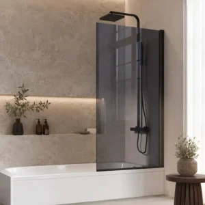 Scudo S6 1400 x 800mm tinted black glass bath screen with hinged bath screen, tinted black 6mm glass, tinted black finish and aluminium construction.