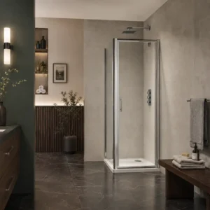 Scudo S6 760mm chrome frame 6mm pivot shower door with aluminium and glass construction, single door, 6mm clear glass and chrome finish.