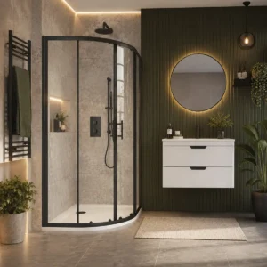 Scudo S6 800mm black double door quadrant shower enclosure with double sliding door, 6mm clear glass, black finish and aluminium construction.