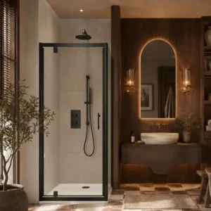 Scudo S6 800mm black frame 6mm pivot shower door with single pivot door, 6mm clear glass, black finish and aluminium construction.