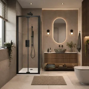 Scudo S6 800mm black semi frameless bi-fold shower door with clear glass with black profile finish, single bi-fold door, 6mm clear glass and aluminium construction.