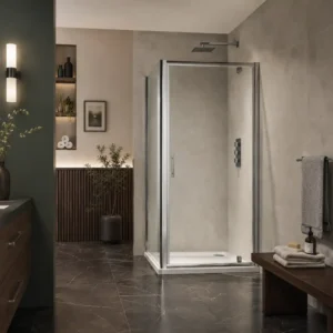 Scudo S6 800mm chrome frame 6mm pivot shower door with single door, 6mm clear glass, chrome finish and aluminium construction.