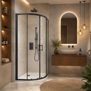 Scudo S6 900mm black double door quadrant shower enclosure with double sliding door, 6mm clear glass, black finish and aluminium construction.