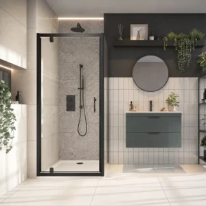 Scudo S6 900mm black frame 6mm pivot shower door with single pivot door, 6mm clear glass, black finish and aluminium construction.