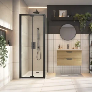 Scudo S6 900mm black semi frameless bi-fold shower door with clear glass with black profile finish, single bi-fold door, 6mm clear glass and aluminium construction.