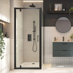 View of Scudo S6 900mm matt black 6mm glass shower side panel with fixed side panel, 6mm clear toughened glass, matt black finish and aluminium construction.