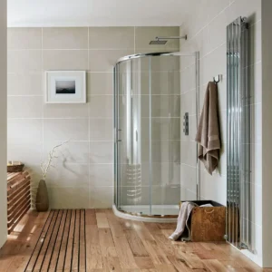 Scudo S6 900mm single door chrome quadrant enclosure with quadrant shower enclosure, clear glass with chrome profile finish, single door and Fixed 5mm, moving 6mm clear glass.