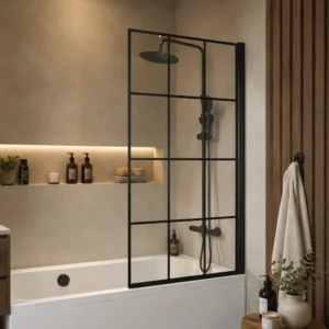 Scudo S6 black grid 1400 x 800mm bath screen with glass bath screen, bath mounted installation, clear 6mm glass and clear finish.