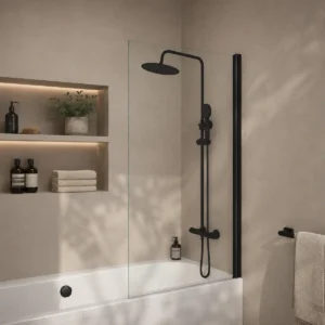 Scudo S6 black square edge frame 1400 x 800mm bath screen with aluminium and glass construction, 6mm clear glass, black finish and straight shape.