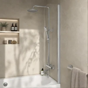 Scudo S6 fixed slim 300mm width curved chrome bath screen with 6mm clear glass, chrome finish, aluminium construction and straight with curved upper corner shape.