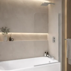 Scudo S6 radius edge 1400 x 800mm chrome bath screen with 6mm clear glass, chrome finish, aluminium construction and wall mounted installation.