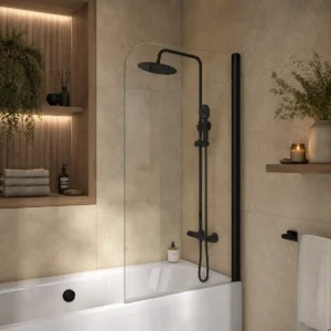 Scudo S6 radius edge black 1400 x 800mm hinged bath screen with 6mm clear glass, black finish, aluminium construction and straight shape.
