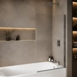 Scudo S6 square edge 1400 x 800mm chrome bath screen with 6mm clear glass, chrome finish, aluminium construction and wall mounted installation.
