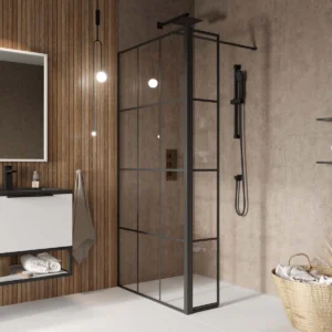 Scudo S8 2m black grid flipper panel with wetroom flipper panel, 6mm glass, black finish and aluminium construction.
