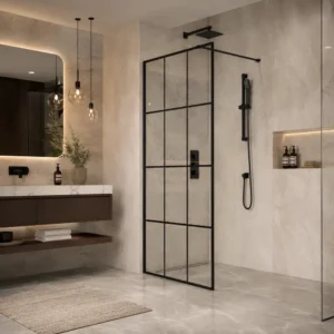 Scudo S8 8mm black grid 800mm wetroom panel with 8mm toughened safety glass, matt black finish and aluminium construction.