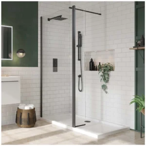 Scudo S8 matt black wet wall flipper panel with wetroom flipper panel, 6mm clear glass, matt black finish and aluminium construction.