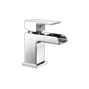 Scudo Victoria chrome square open spout waterfall mini basin tap & waste with mini basin mixer tap, single lever handles, chrome finish and brass construction.