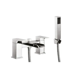 Scudo Victoria chrome square open spout waterfall shower mixer tap set with bath shower mixer tap set, open waterfall, lever handle and chrome finish.